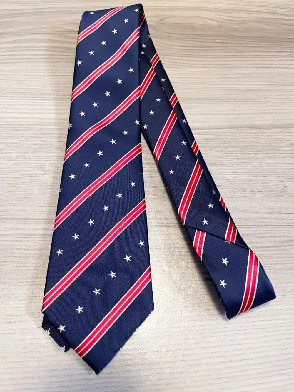 Mondieu Men's 100% Silk Tie Navy Red White Stars Stripes Patriotic Necktie
